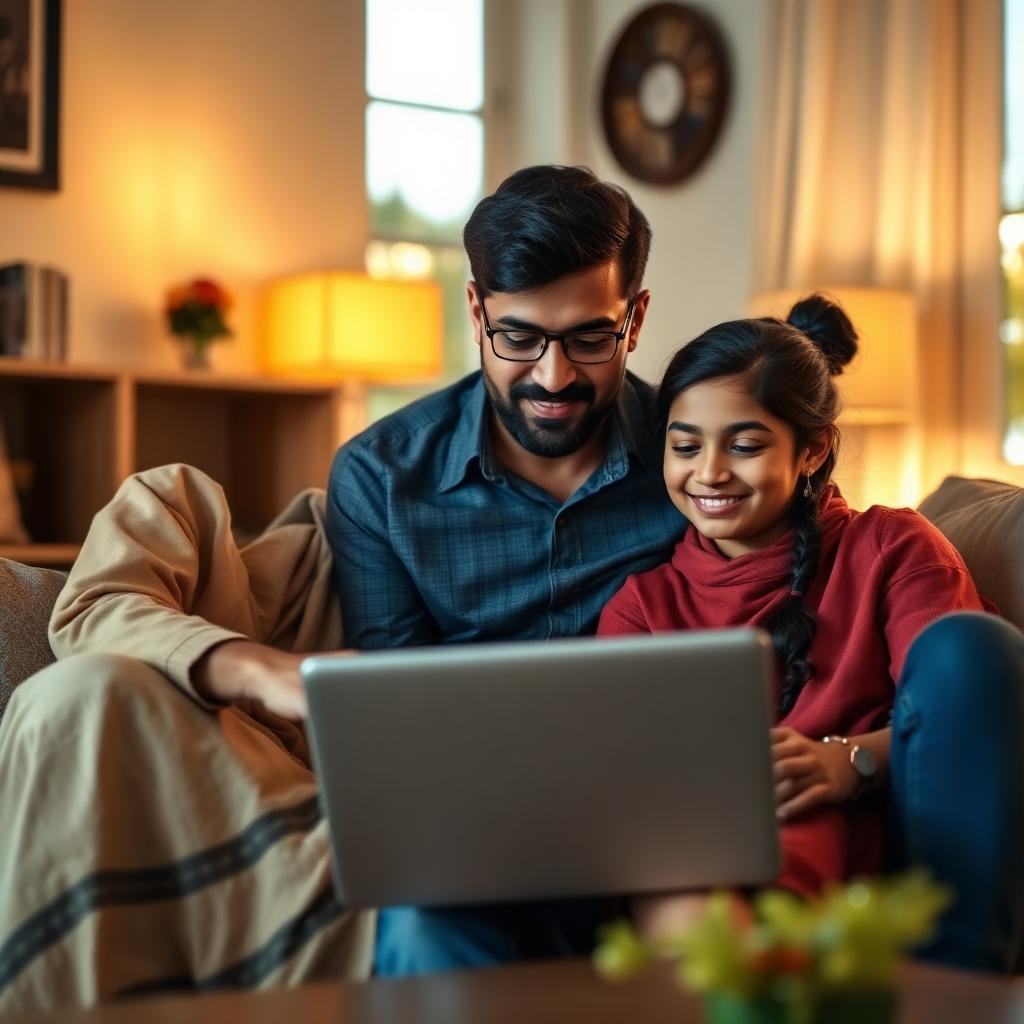Indian parents and their teenage child reviewing a student progress dashboard together at home