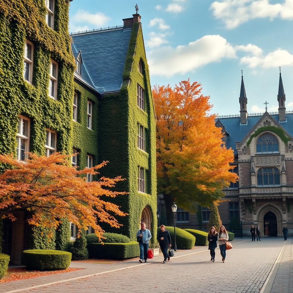 Ivy-covered university campus buildings with autumn trees