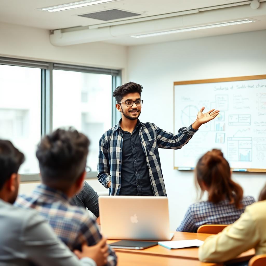 Young Indian teenager confidently pitching a startup idea to peers