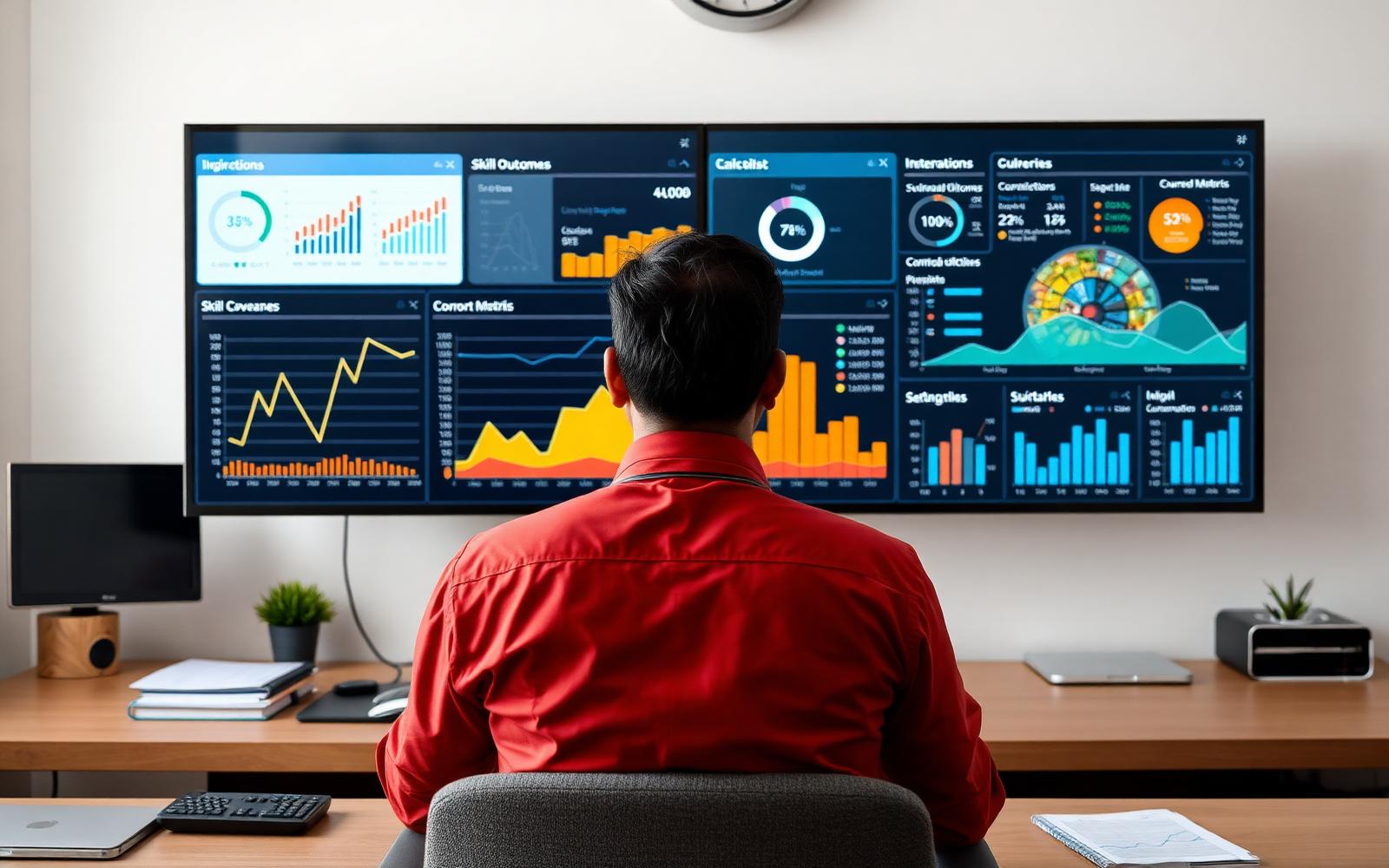 A school principal reviewing student outcome analytics on a large dashboard